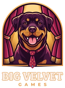 Big Velvet Games: Velvet the Rottweiler grinning between parted stage curtains