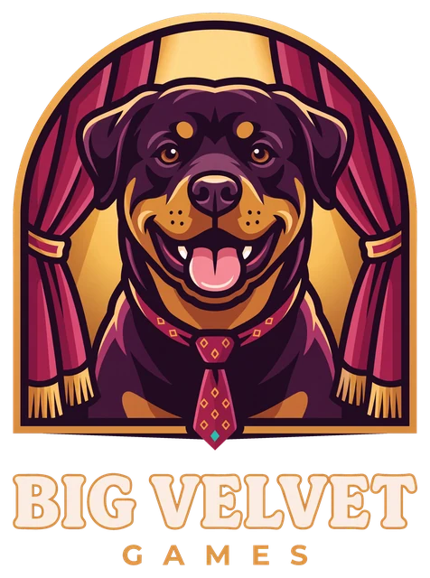Main logo: Velvet grinning between parted crimson stage curtains, BIG VELVET GAMES below.