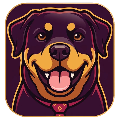 Mark: Velvet's grinning head on a plum tile with a gold rim.
