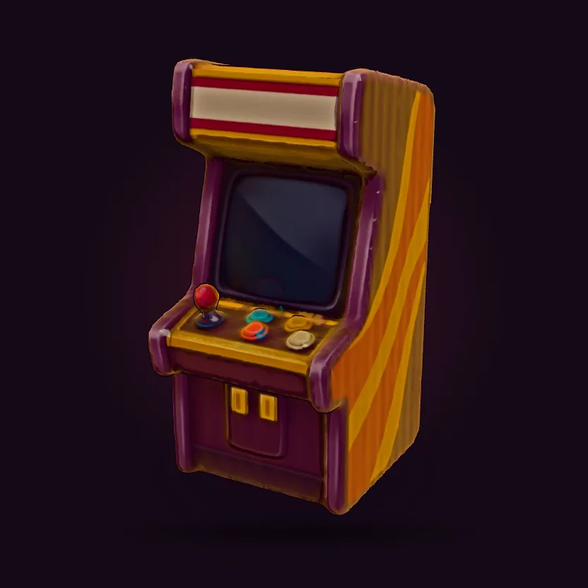A chunky plum and crimson arcade cabinet with a glowing marquee.