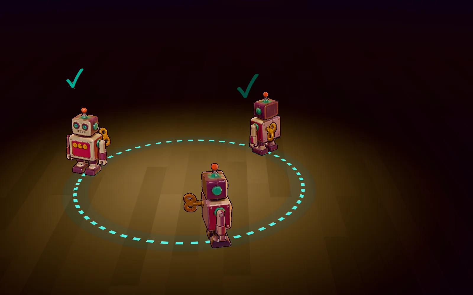 Wind-up toy robots marching in a loop, little green ticks popping above them.