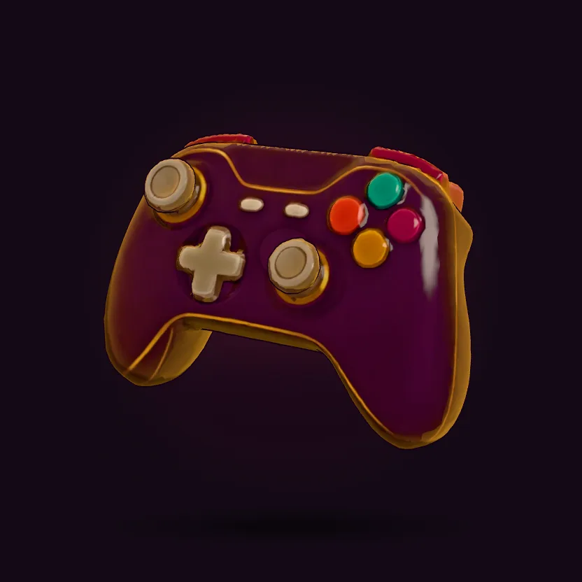 An oversized plum game controller with bright buttons.