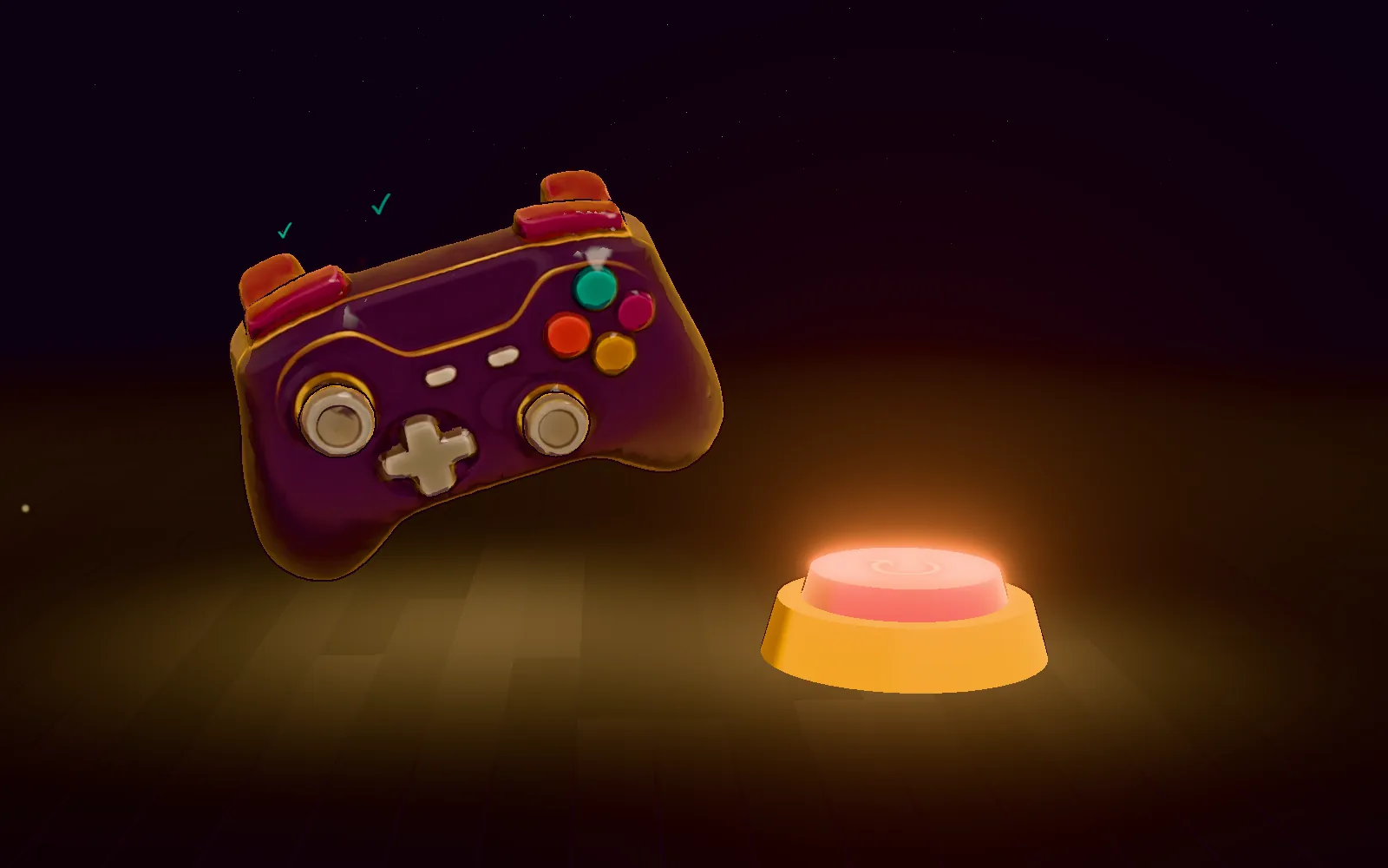 An oversized game controller mid-press, a golden shockwave ringing out.