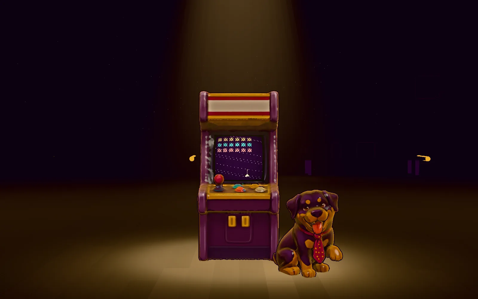 A velvet stage curtain parting on a glowing arcade cabinet under a spotlight.