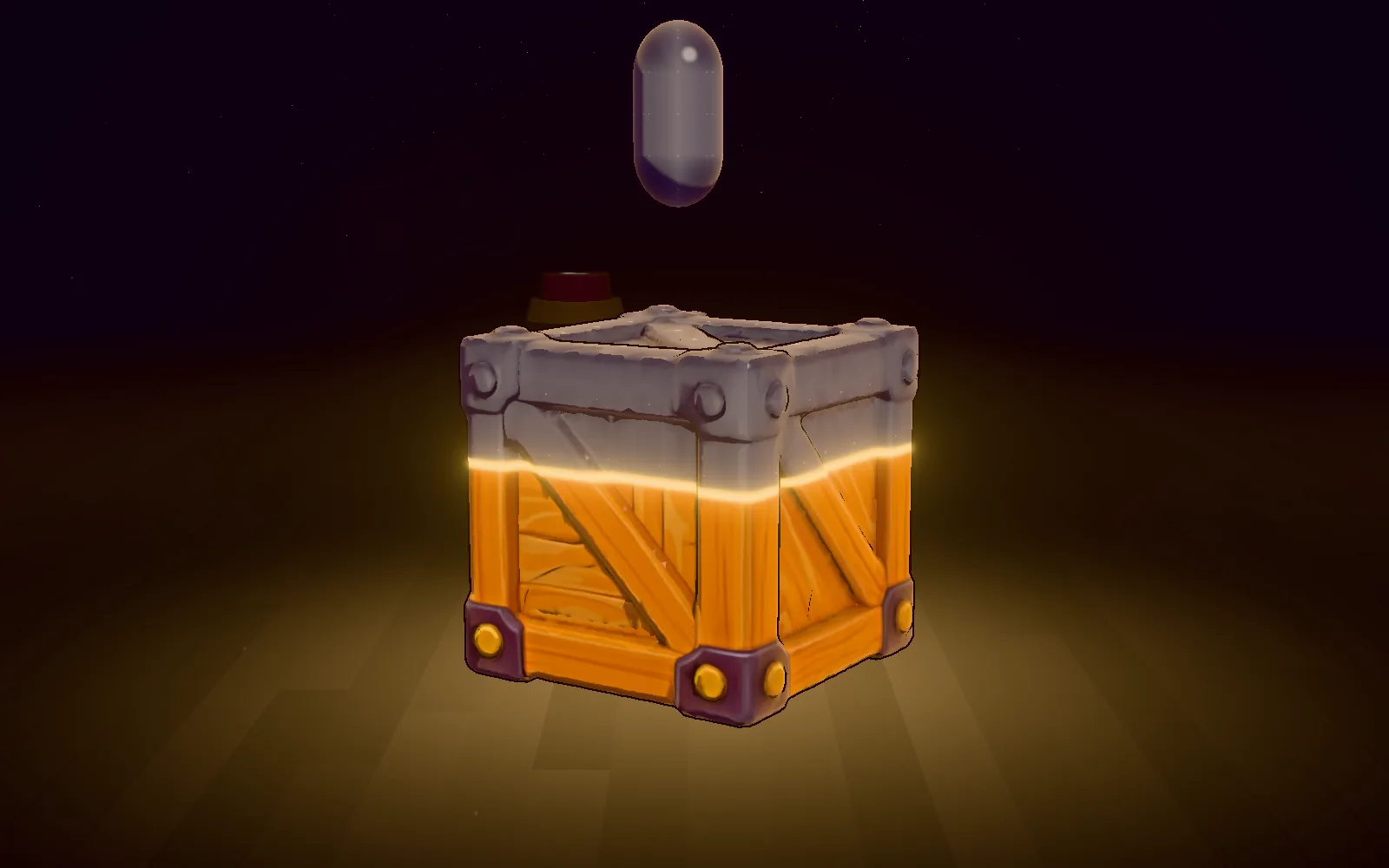 A grey block crate being painted into a wooden game crate by a sweeping golden line.