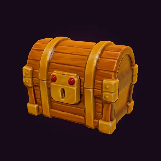 A closed treasure chest with gold bands.