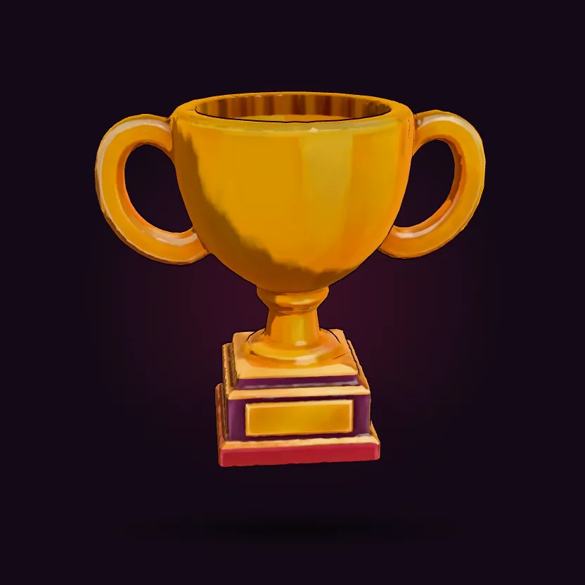 A chunky gold trophy on a plum plinth.