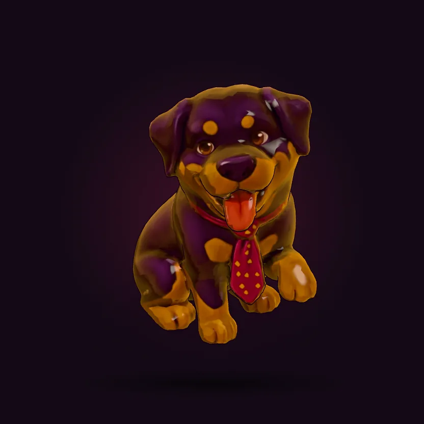 Velvet, the studio's Rottweiler mascot, in her crimson tie with one paw raised hello.